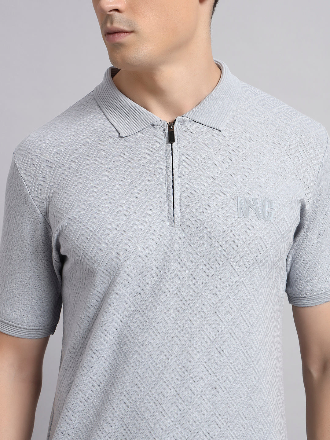 Men’s Light Grey Textured Polo T-Shirt with Zip Collar