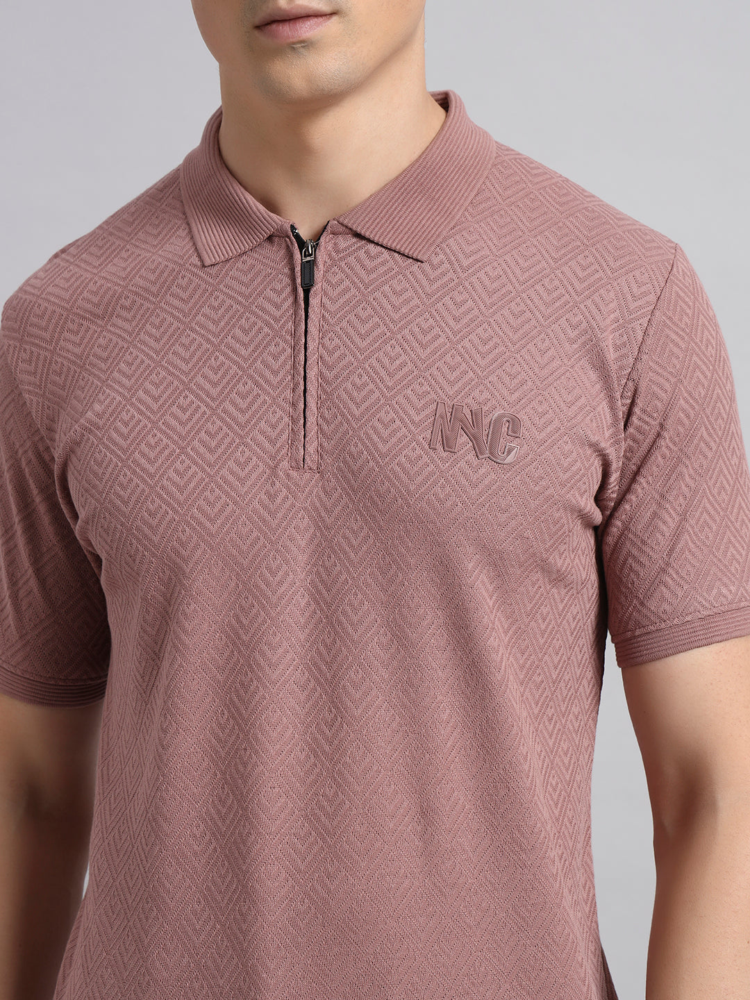 Men’s Mauve Textured Polo T-Shirt with Zip Collar