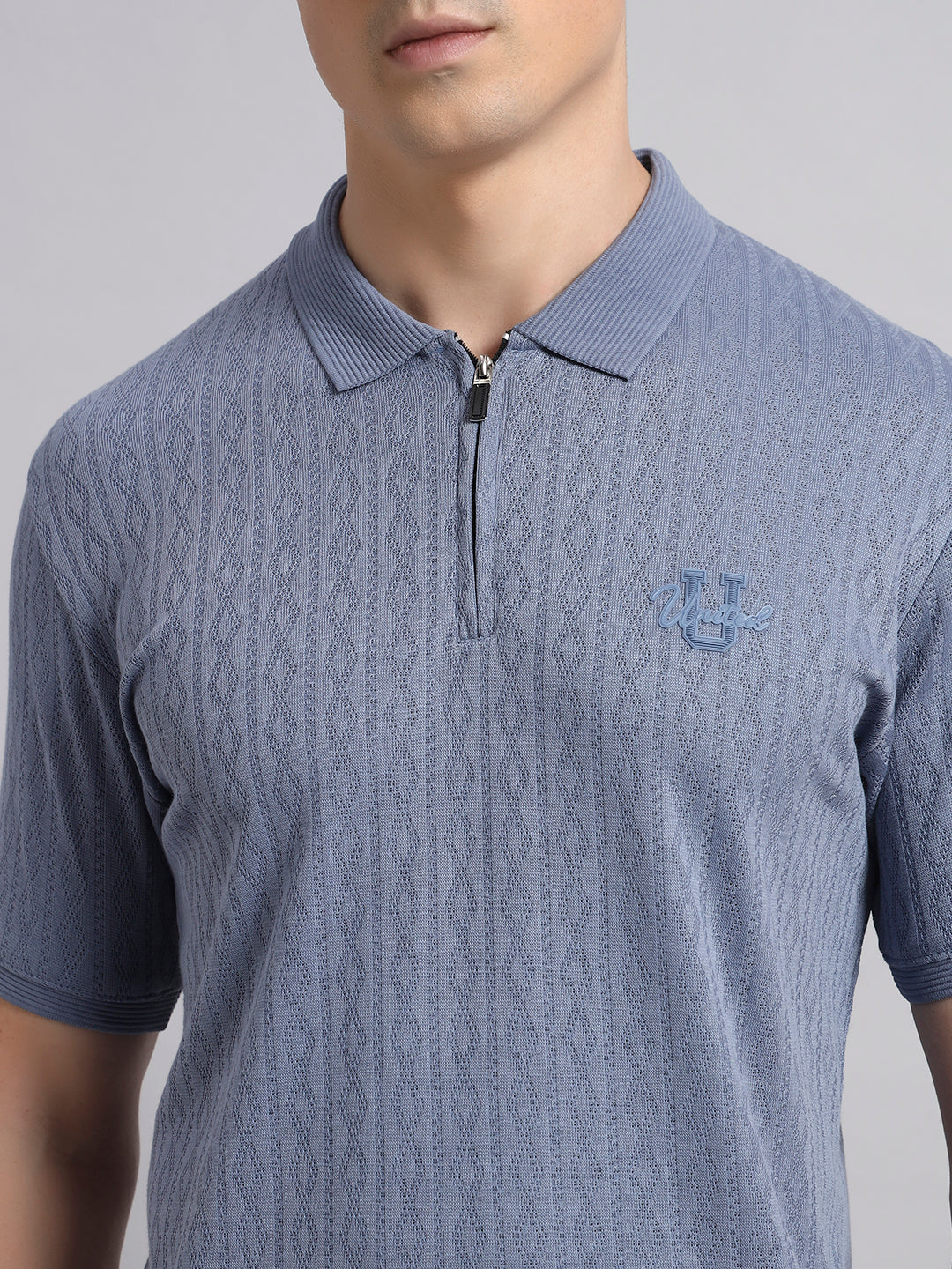 Men’s Blue Textured Polo T-Shirt with Zip Collar