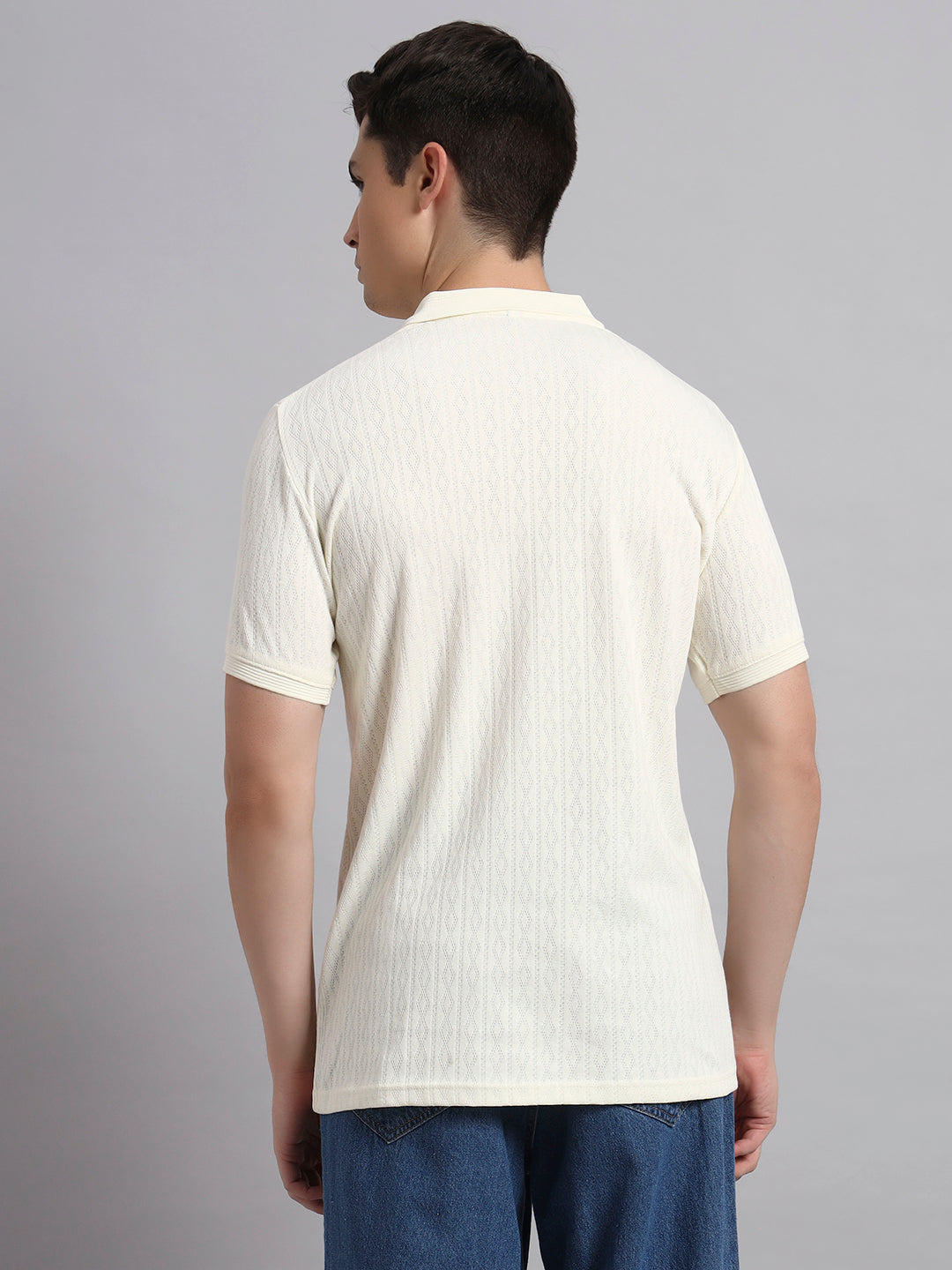 Men’s Off White Textured Polo T-Shirt with Zip Collar
