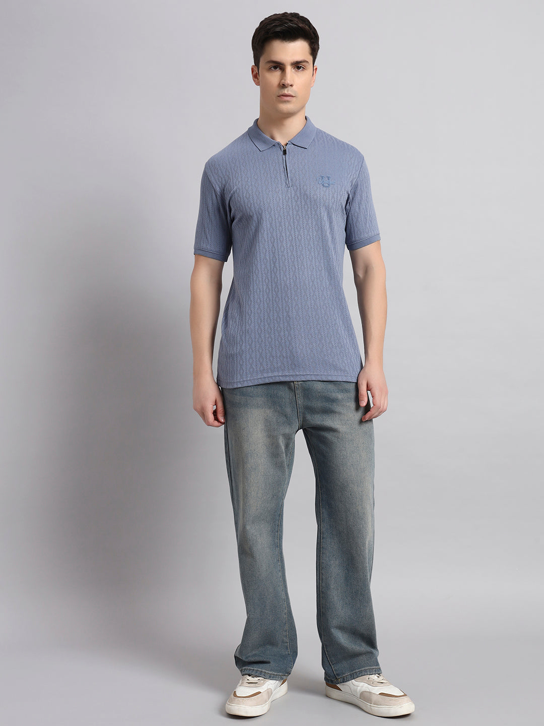 Men’s Blue Textured Polo T-Shirt with Zip Collar