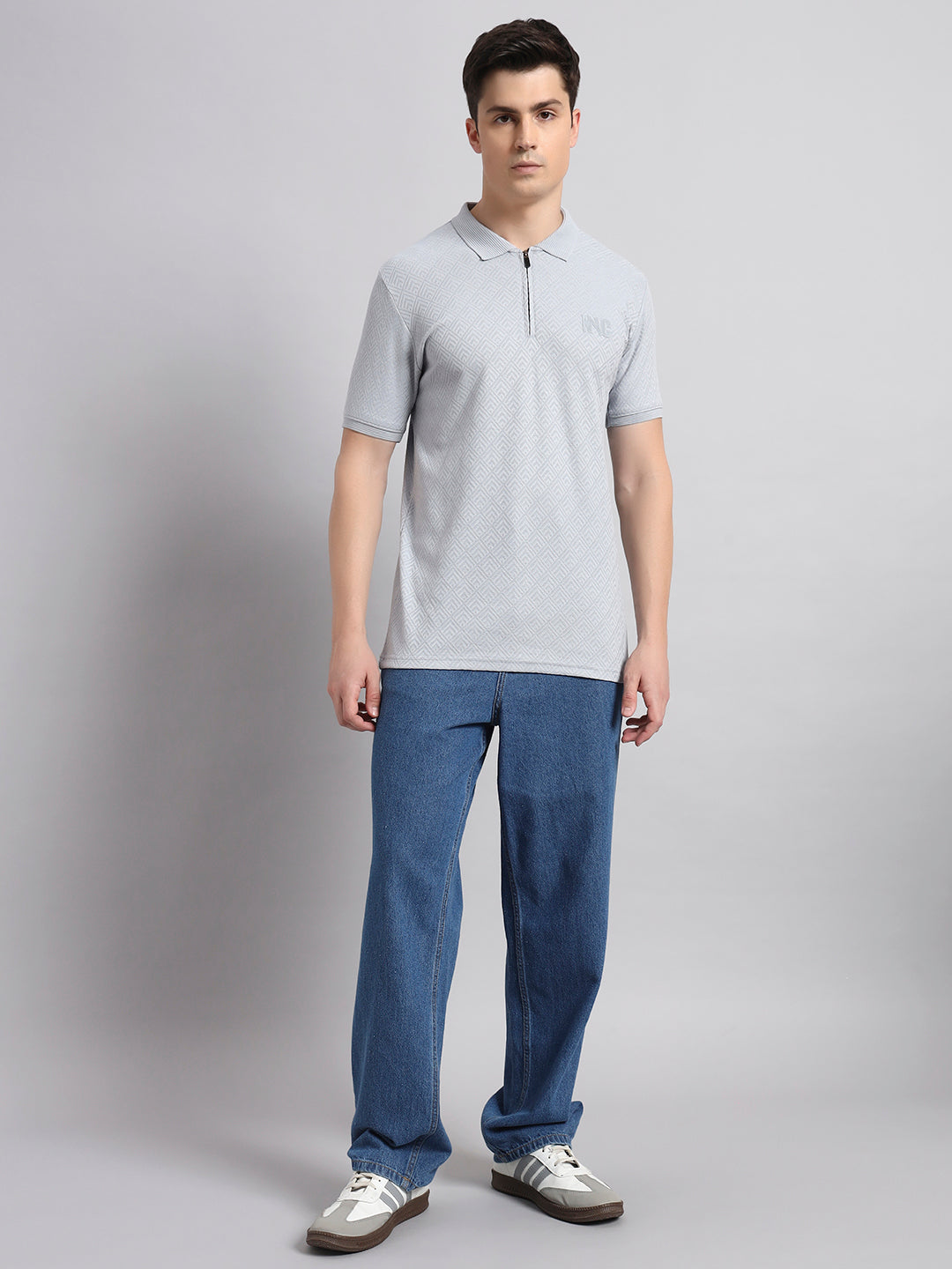 Men’s Light Grey Textured Polo T-Shirt with Zip Collar