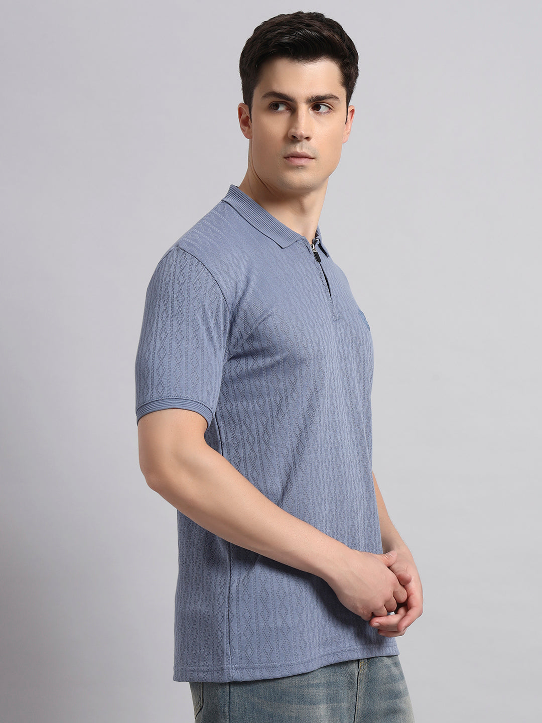Men’s Blue Textured Polo T-Shirt with Zip Collar