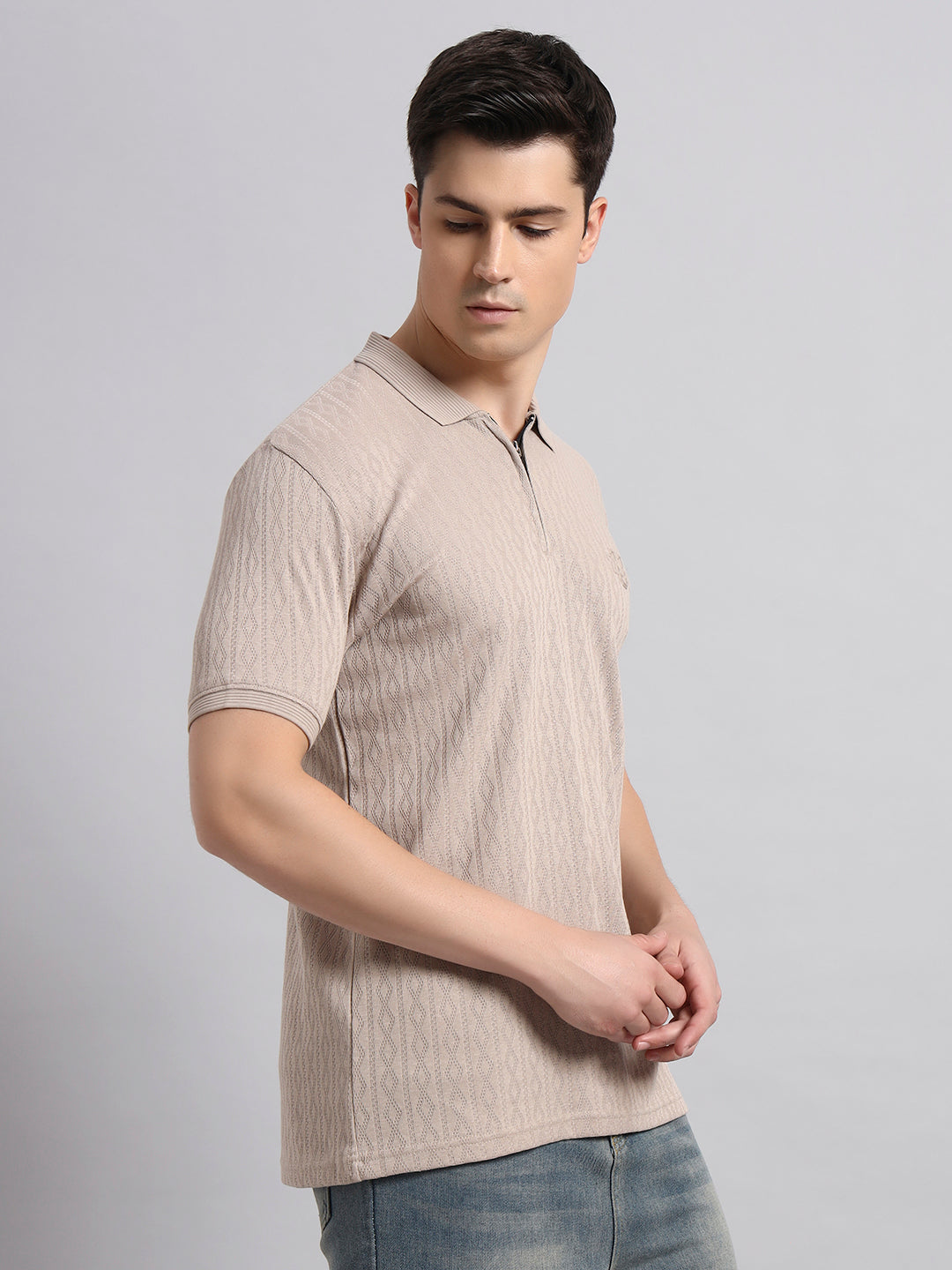 Men’s Beige Polo T-Shirt with Subtle Pattern and Collar Detailing