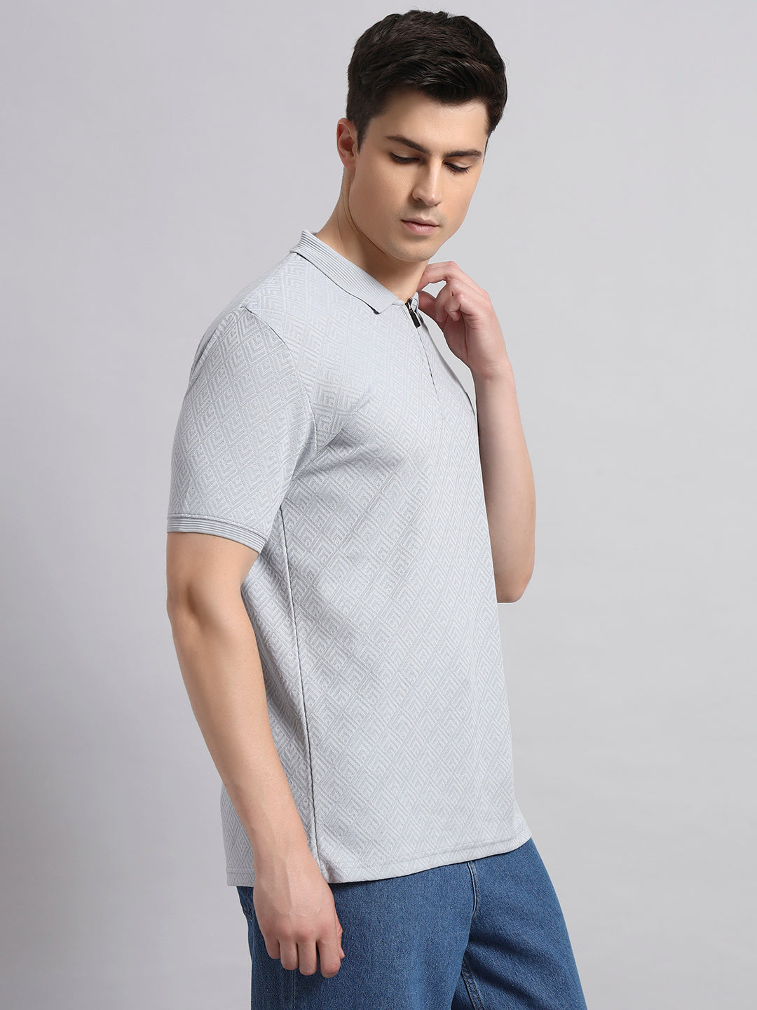 Men’s Light Grey Textured Polo T-Shirt with Zip Collar