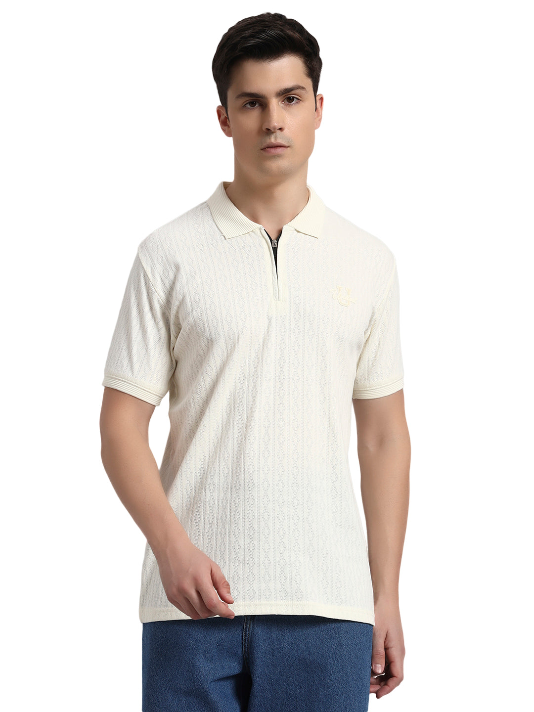 Men’s Off White Textured Polo T-Shirt with Zip Collar