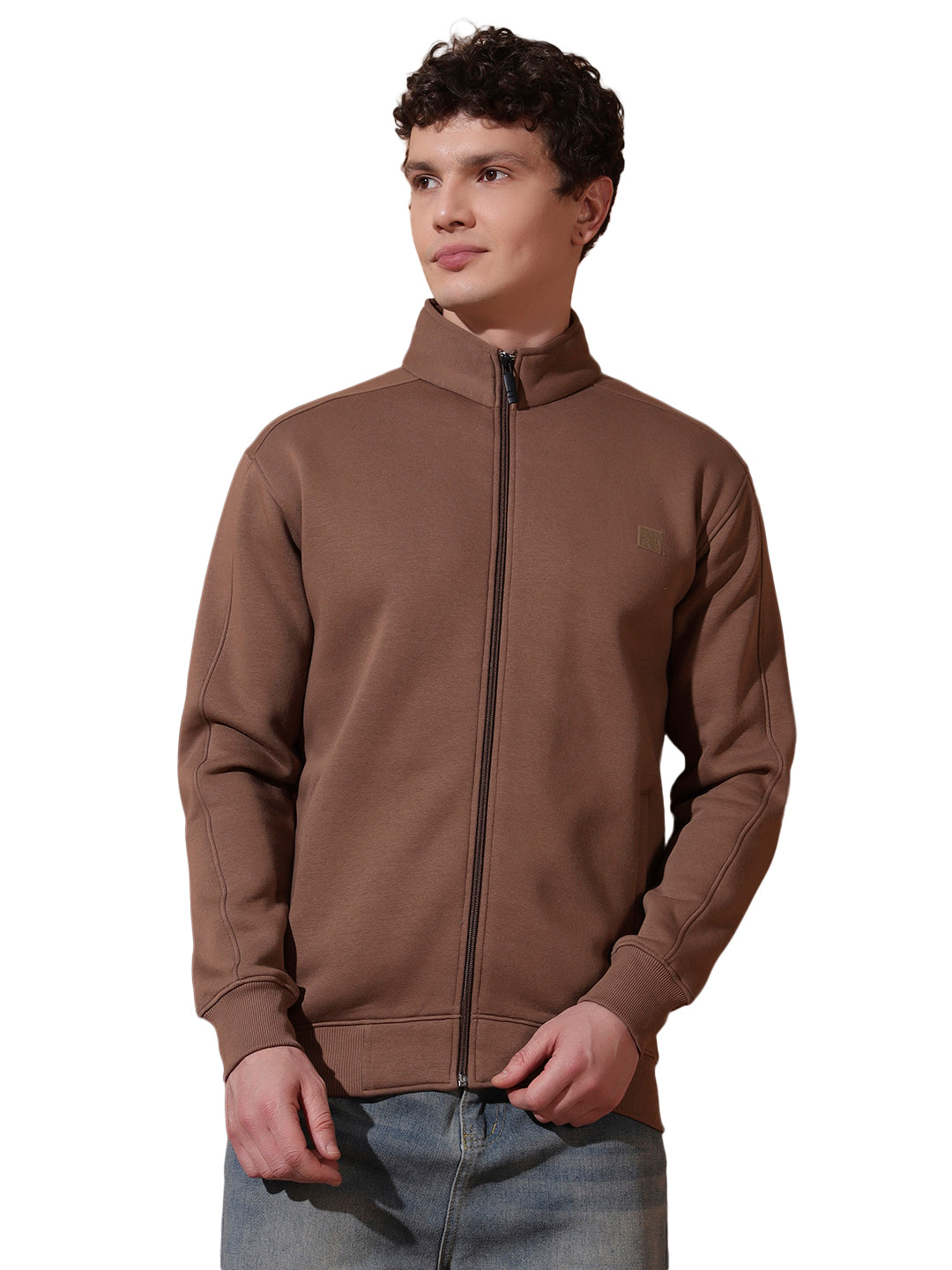 Men’s Brown High Neck Zip-Up Sweatshirt – Full Sleeve Casual Jacket