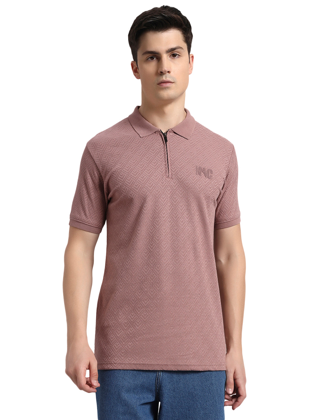 Men’s Mauve Textured Polo T-Shirt with Zip Collar