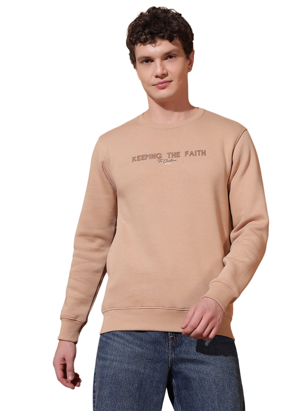 Men’s Beige Cotton Sweatshirt | “Keeping The Faith” Printed Crew Neck Pullover