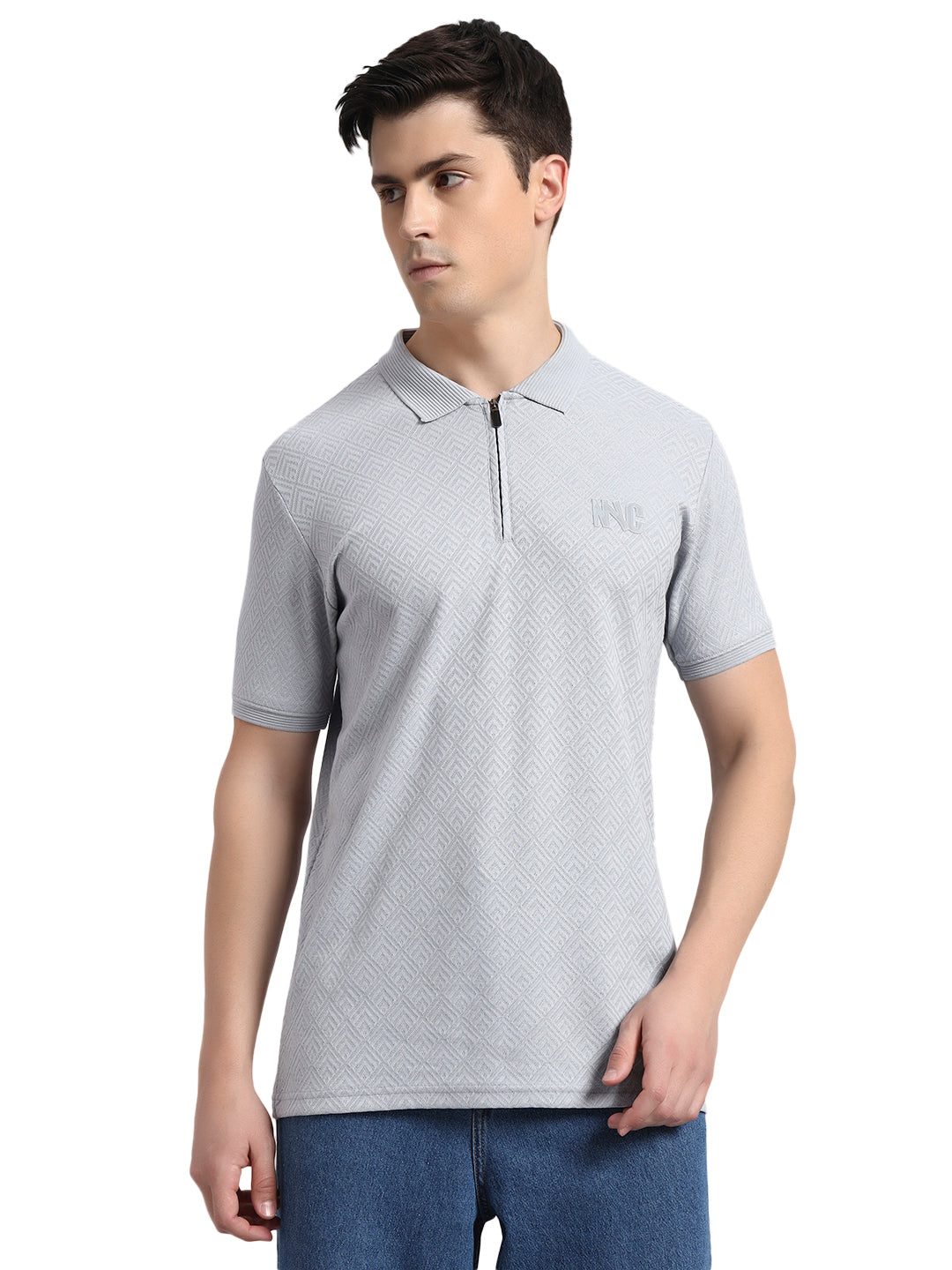 Men’s Light Grey Textured Polo T-Shirt with Zip Collar