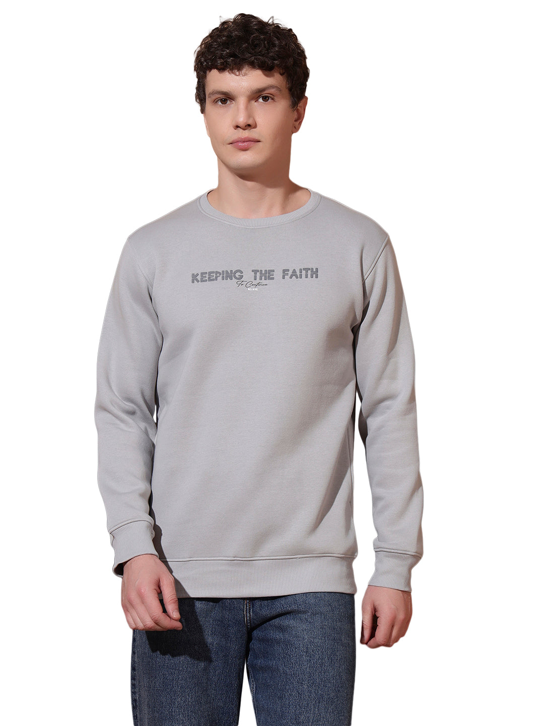 Men’s Grey Cotton Sweatshirt | “Keeping The Faith” Printed Pullover for Casual Comfort